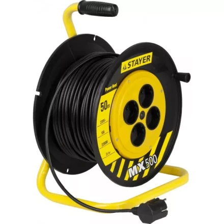 Удлинитель на катушке &quot;MX500&quot;, 50 м, 4 гнезда, ПВС 2x1 кв мм, 2200 Вт, STAYER 55074-50 купить в Нягани