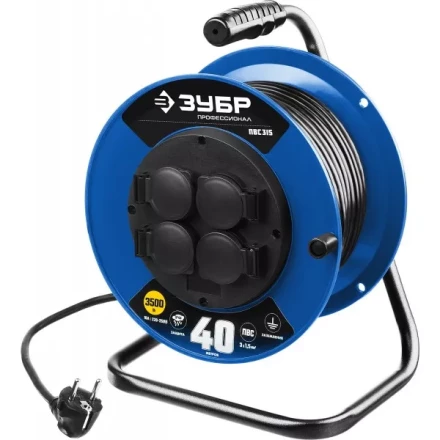 Удлинитель на катушке &quot;ПВС 315&quot;, 40 м, 3500 Вт, 4 гнезда, IP44, ПВС 3х1,5 кв мм, ЗУБР 55081-40 купить в Нягани