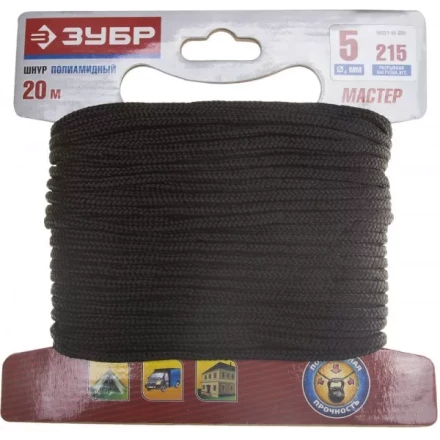 Шнур ЗУБР полиамидный, плетеный, повышенной нагрузки, без сердечника, черный, d 5, 20м 50321-05-020 купить в Нягани