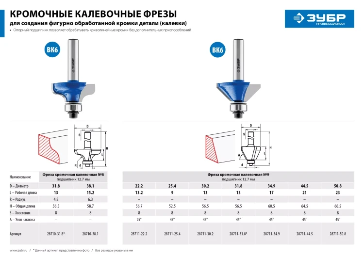 ЗУБР 44.5 x 23 мм, фреза кромочная калевочная (фасочная) №9, Профессионал (28711-44.5) купить в Нягани