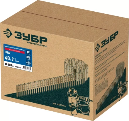 ЗУБР CNW 40 х 2.1 мм, барабанные гвозди рифленые оцинкованные, 12600 шт (305383-40) купить в Нягани