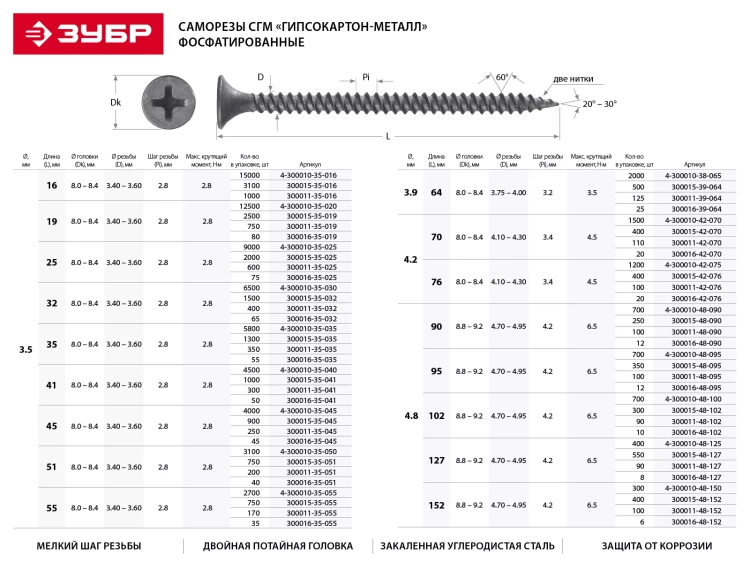 Саморезы фосфатированные с мелкой резьбой, гипсокартон-металл, ЗУБР 300016-48-095, PH2, 4,8 x 95 мм, 12 шт 300016-48-095 купить в Нягани