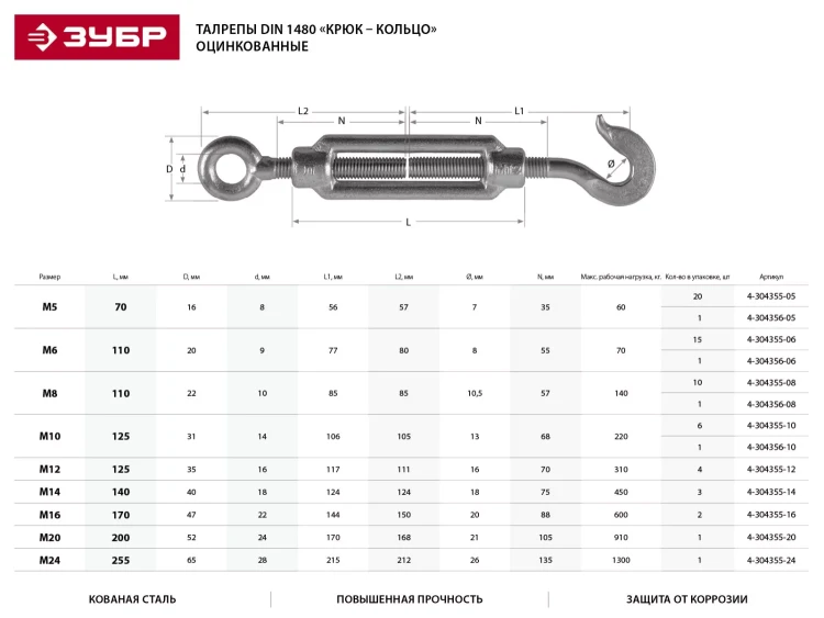 Талреп ЗУБР "ПРОФЕССИОНАЛ"  DIN 1480, крюк-кольцо, оцинкованный, кованая натяжная муфта, М6, 15 шт 4-304355-06 купить в Нягани