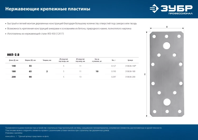 ЗУБР НКП-2.0, 140 x 55 x 2 мм, нержавеющая крепежная пластина, Профессионал (310636-140) купить в Нягани