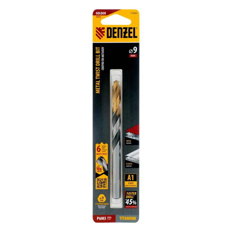 Сверло спиральное по металлу Denzel 9 x 125мм, Р6М5, Golden Tip, многогранная заточка, 718284 купить в Нягани