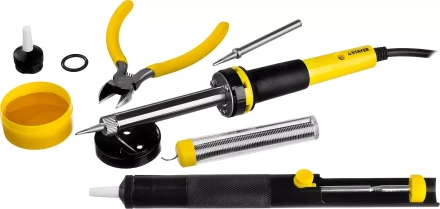 Набор STAYER &quot;PROFI&quot; для паяльных работ, паяльник 55300 + подставка + припой + жало сменное + шприц + насадка на жало + канифоль + кусачки, 60 Вт 55314-60-H8 купить в Нягани