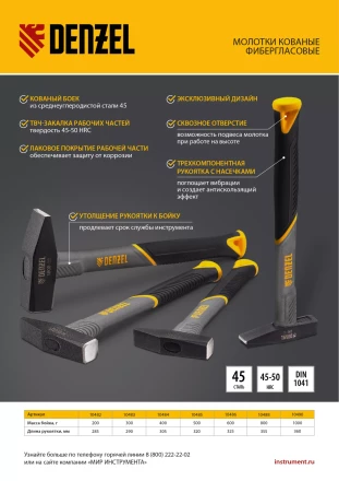 Молоток слесарный, 400 г Denzel, кованый, фибергласовая рукоятка c TPR покрытием 10484 купить в Нягани