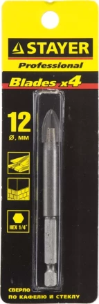 Сверло по кафелю, керамике, стеклу, с четырьмя режущими лезвиями, шестигранный хвостовик, 12 мм, STAYER &quot;PROFESSIONAL&quot; 2985-12 2985-12_z01 купить в Нягани