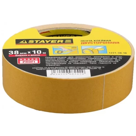 Двухсторонняя клейкая лента на полипропиленовой основе, STAYER 1221-38-10, 38мм х 10м 1221-38-10 купить в Нягани