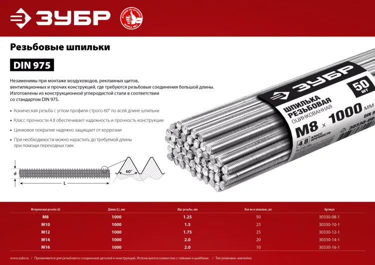 ЗУБР DIN 975, кл. пр. 4.8, М10 х 1000 мм, цинк, 25 шт, резьбовая шпилька (30330-10-1) купить в Нягани