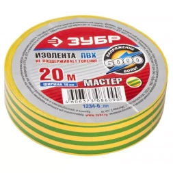 Изолента ЗУБР "МАСТЕР" желто-зеленая, ПВХ, не поддерживающая горение, 6000 В, 19мм х 20м 1234-6_z01