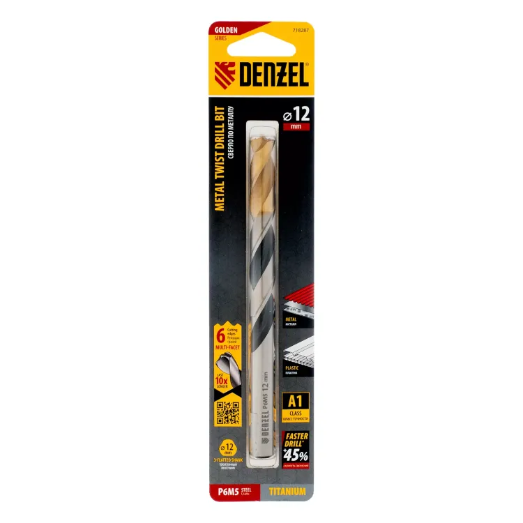 Сверло спиральное по металлу Denzel 12 x 151мм, Р6М5, Golden Tip, многогранная заточка, 718287 купить в Нягани