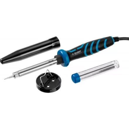 Паяльник ЗУБР &quot;ПРОФЕССИОНАЛ&quot; с двухкомпонентной рукояткой и защитным колпачком в наборе с припоем и подставкой, 40Вт, конус 55402-40_z01 купить в Нягани