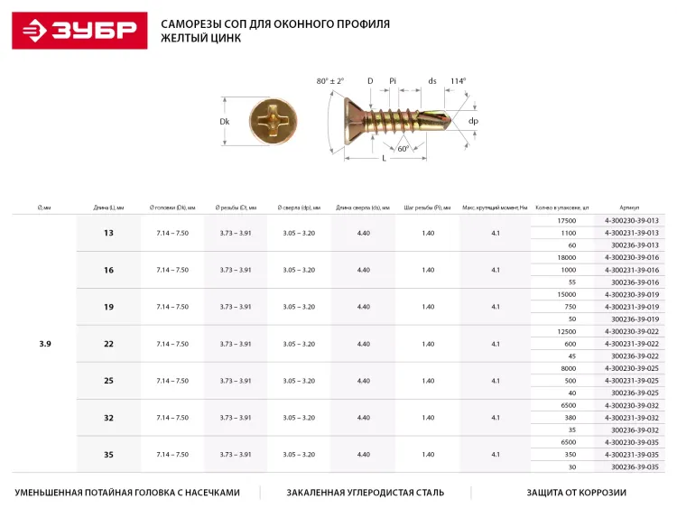 Саморезы ЗУБР "МАСТЕР" со сверлом для оконного профиля, жёлтопассивированные, 3.9x16мм, 1000шт 4-300231-39-016 купить в Нягани