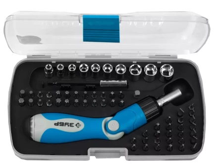 Набор ЗУБР Отвертка &quot;ЭКСПЕРТ&quot; реверсивно-рычажная с насадками,удл. с магнит.фикс.,Hex1/4&quot;-SQ1/4&quot;,в пласт. боксе,64пред. 25287-H64 купить в Нягани