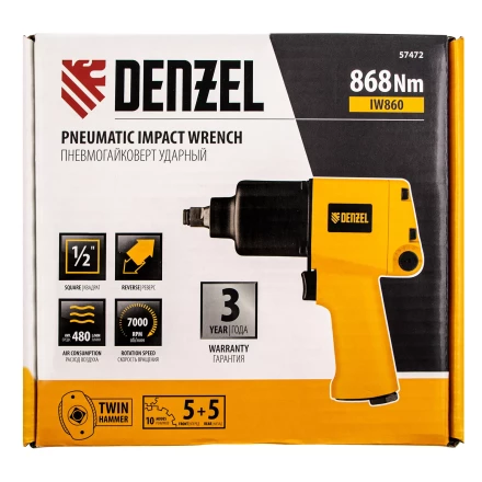 Ударный пневмогайковерт IW860, 1/2", 7000 об/мин, 868 Нм Denzel 57472 купить в Нягани