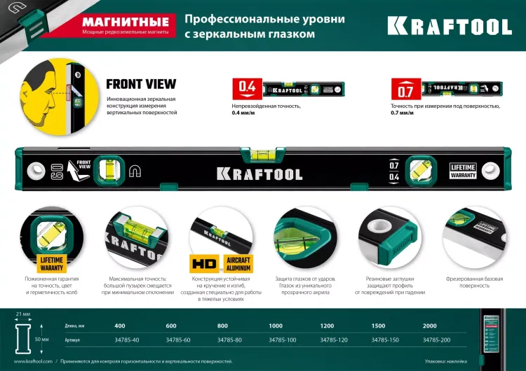 Профессиональный магнитный уровнь с зеркальным глазком KRAFTOOL 34785-200 купить в Нягани