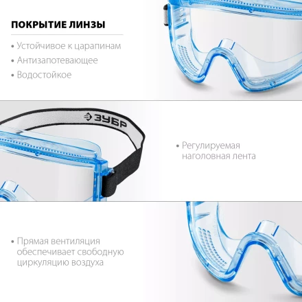 ЗУБР ПАНОРАМА П, закрытого типа, стекло из ударопрочного поликарбоната, защитные очки с прямой вентиляцией, Профессионал (110231) купить в Нягани