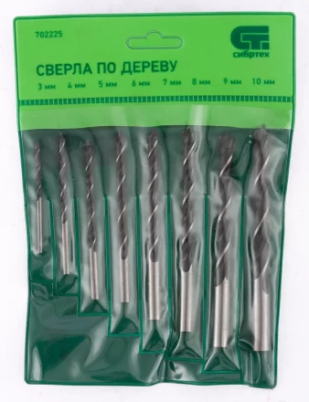 Набор сверл по дереву 3-4-5-6-7-8-9-10 мм 8 штук цилиндрический хвостовик СИБРТЕХ 702225 купить в Нягани