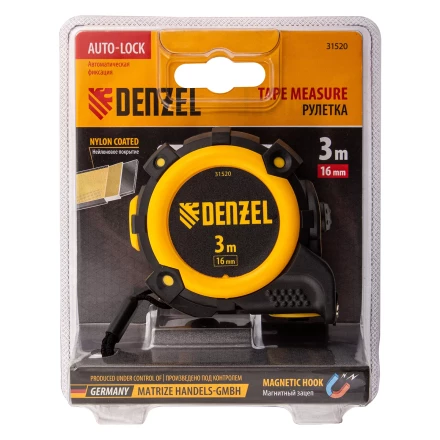 Рулетка Denzel 3м х 16мм, автоматич. фиксац., нейлон. покрытие, магнит. зацеп, двухстор. разметка, 31520 купить в Нягани