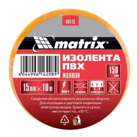 Изолента ПВХ 15 мм х 10 м желтая 150 мкм Matrix 88773 купить в Нягани