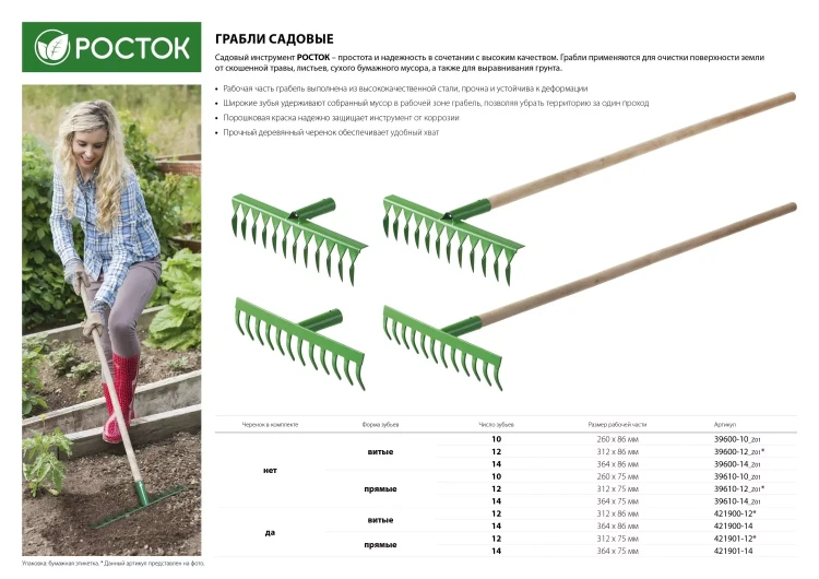 Грабли РОСТОК садовые с черенком, 12 прямых зубцов 421901-12 купить в Нягани