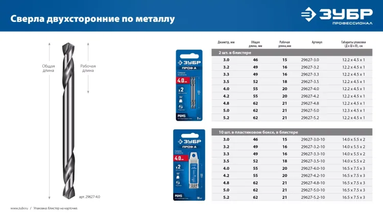 ЗУБР Профессионал 4.0х55мм, Сверло двухстороннее по металлу Проф-А, сталь Р6М5, класс А купить в Нягани