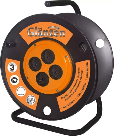 Катушка без провода GLANZEN 4 штепсельных гнезда с заземлением Ф210мм EK-00-210 купить в Нягани
