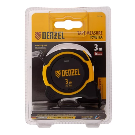Рулетка Denzel 3м х 16мм, двухкомп. корпус, магнитный обрезиненный зацеп, 31530 купить в Нягани