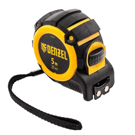 Рулетка Denzel 5м х 25мм, автоматич. фиксац., нейлон. покрытие, магнит. зацеп, двухстор. разметка 31522 купить в Нягани
