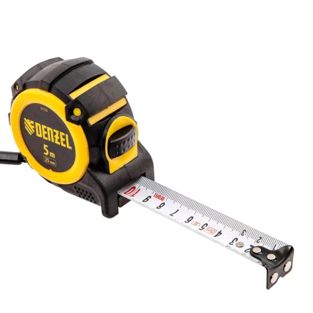 Рулетка Denzel 5м х 25мм, автоматич. фиксац., нейлон. покрытие, магнит. зацеп, двухстор. разметка 31522 купить в Нягани