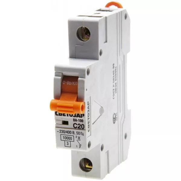 Выключатель автоматический СВЕТОЗАР 1-полюсный, 20 A, "C", откл. сп. 10 кА, 230 / 400 В SV-49071-20-C купить в Нягани