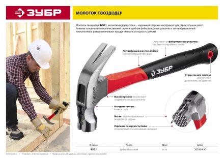 Молоток-гвоздодер ЗУБР &quot;МАСТЕР&quot;, боек c магнитом и фиберглассовой рукояткой, 450 г 20356-450 купить в Нягани