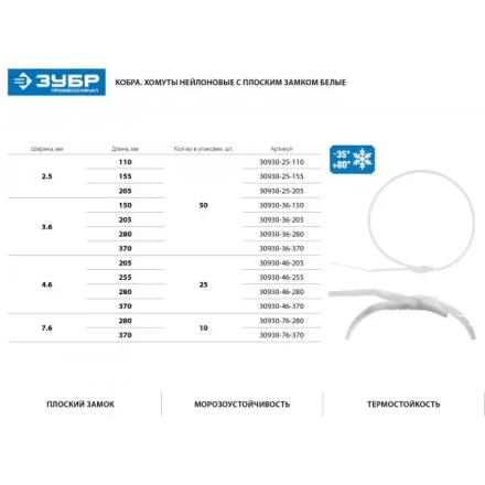 Кабельные стяжки белые КОБРА, с плоским замком, 2.5 х 205 мм, 50 шт, нейлоновые, ЗУБР 30930-25-205 купить в Нягани