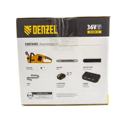 Цепная пила аккумуляторная бесщеточная RCS400-36, Li-ion, 36 В, 4 Ач, шина 400 мм Denzel 58610 купить в Нягани