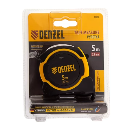 Рулетка Denzel 5м х 25мм, двухкомп. корпус, магнитный обрезиненный зацеп, 31532 купить в Нягани