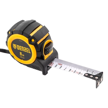 Рулетка Denzel 8м х 32мм, автоматич. фиксац., нейлон. покрытие, магнит. зацеп, двухстор. разметка, 31524 купить в Нягани