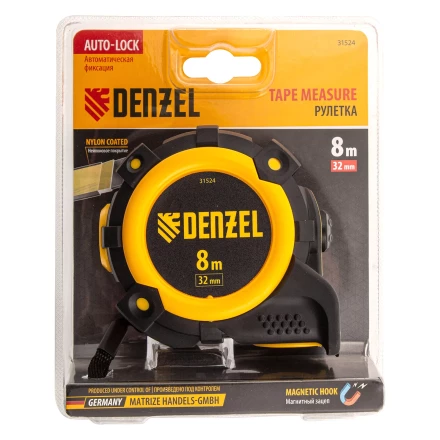 Рулетка Denzel 8м х 32мм, автоматич. фиксац., нейлон. покрытие, магнит. зацеп, двухстор. разметка, 31524 купить в Нягани