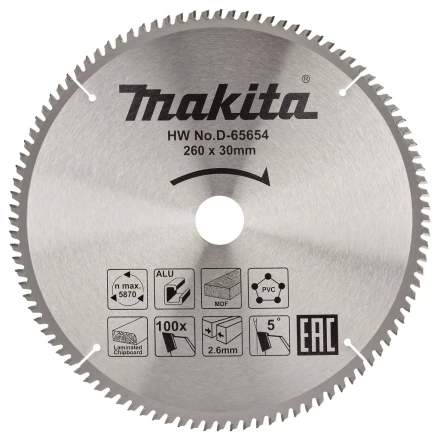 Диск пильный универсальный для алюминия/дерева/пластика Makita D-65654, 260x30x1.8 мм; 100 зубьев купить в Нягани