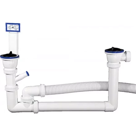 Сифон ЗУБР &quot;МАСТЕР&quot; колбовый для двухместной мойки, выпуск - нержавеющая чашка, перелив, отвод для стиральной машины 51867-2 купить в Нягани