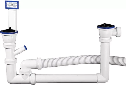 Сифон ЗУБР &quot;МАСТЕР&quot; колбовый для двухместной мойки, выпуск - нержавеющая чашка, перелив, отвод для стиральной машины 51867-2 купить в Нягани