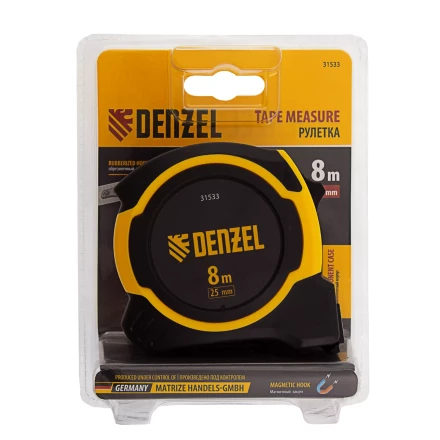 Рулетка Denzel 8м х 25мм, двухкомп. корпус, магнитный обрезиненный зацеп, 31533 купить в Нягани