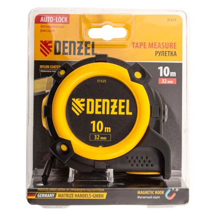 Рулетка Denzel 10м х 32мм, автоматич. фиксац., нейлон. покрытие, магнит. зацеп, двухстор. разметка, 31525 купить в Нягани
