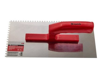 Гладилка из нержавеющей стали, 280 х 130 мм, зеркальная полировка, пластмассовая ручка, зуб 4 х 4 мм Matrix 86780 купить в Нягани