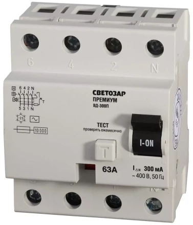 Выключатель дифференциальный &quot;УЗО&quot; СВЕТОЗАР &quot;ПРЕМИУМ&quot;, 4-полюсный, 63 A, &quot;AC&quot;, откл.диф.ток. 300 мА, 400 В SV-49134-300-63 купить в Нягани