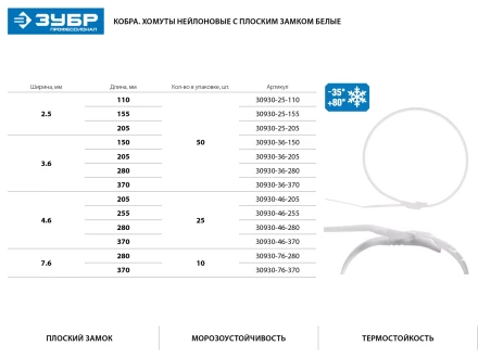 Кабельные стяжки белые КОБРА, с плоским замком, 3.6 х 370 мм, 50 шт, нейлоновые, ЗУБР 30930-36-370 купить в Нягани