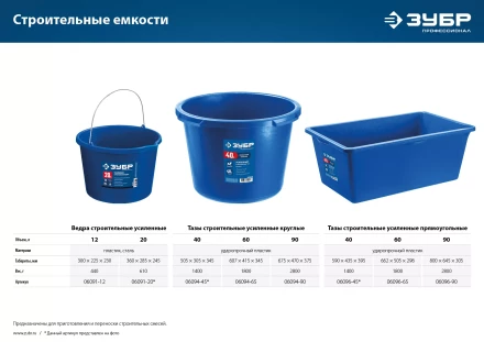 ЗУБР 60 л, первичный высокопрочный пластик, усиленный прямоугольный строительный таз (06096-65) купить в Нягани