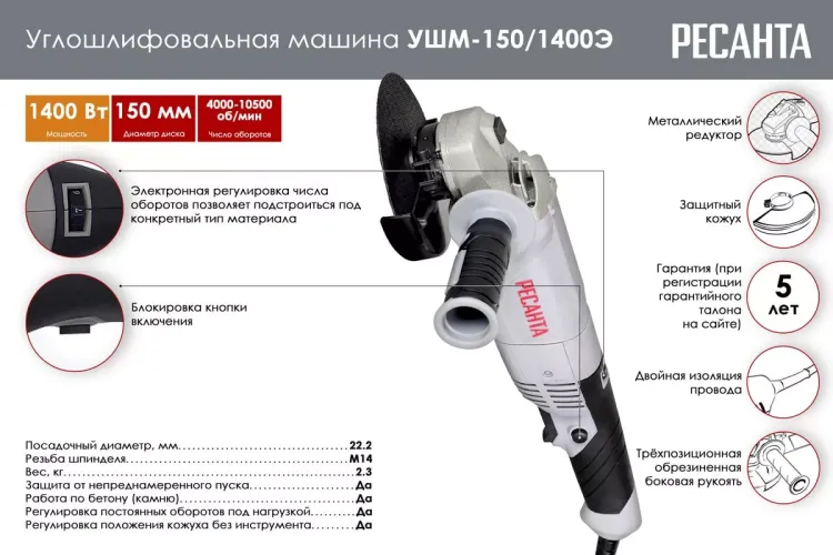 Углошлифовальная машина (болгарка) Ресанта УШМ-150/1400Э 75/12/7 купить в Нягани