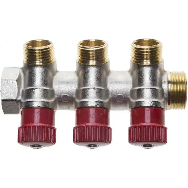 Коллектор GENERAL FITTINGS для горячей воды, вентили, никелированная латунь, вход 3/4" - 3 выхода 1/2" 51046-3/4-1/2-HT3 купить в Нягани