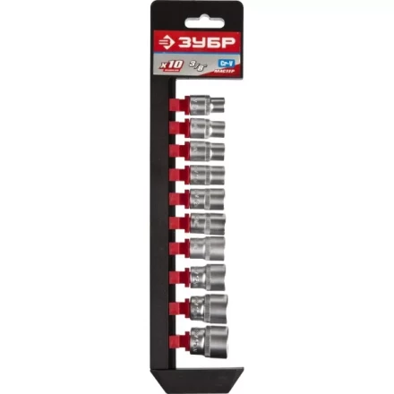 Набор ЗУБР &quot;МАСТЕР&quot;: Торцовые головки (3/8&quot;) на пластиковом рельсе, Cr-V, 8-19мм, 10 предметов 27654-H10 купить в Нягани